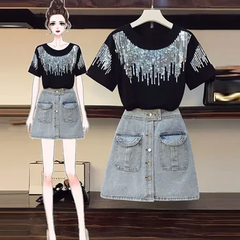 

One piece/large size women's 200 kg fat sister summer suit, two pieces of small fragrant skirts