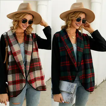 

Women Waterfall Plaid Coat Jacket Ladies Holiday Long Sleeve Cardigan Autumn Open Stitch Fashion Coat