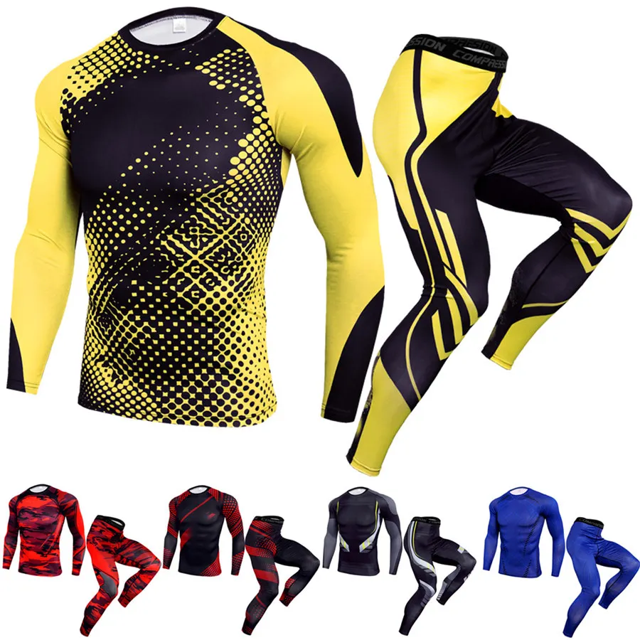 

2019 Quick Dry Running Set Men Compression Long t shirt + Pants Sports Suits Joggers Training Gym Fitness Tracksuits Clothes