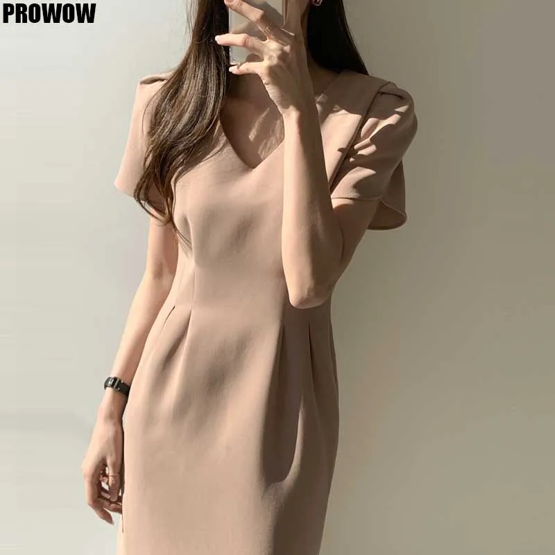 One-Piece New Female Summer Dress 2020 Korean Office Elegance Long Dress Women French Slim Waist V-Neck Party Holiday Dresses