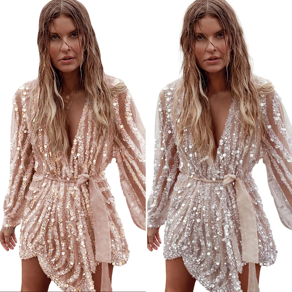 

Shi ying Sequins Dress Women's 2020 New Style European Version V-neck Long Sleeve Non-symmetrical Bandage Cloth Mini Skirt 22107