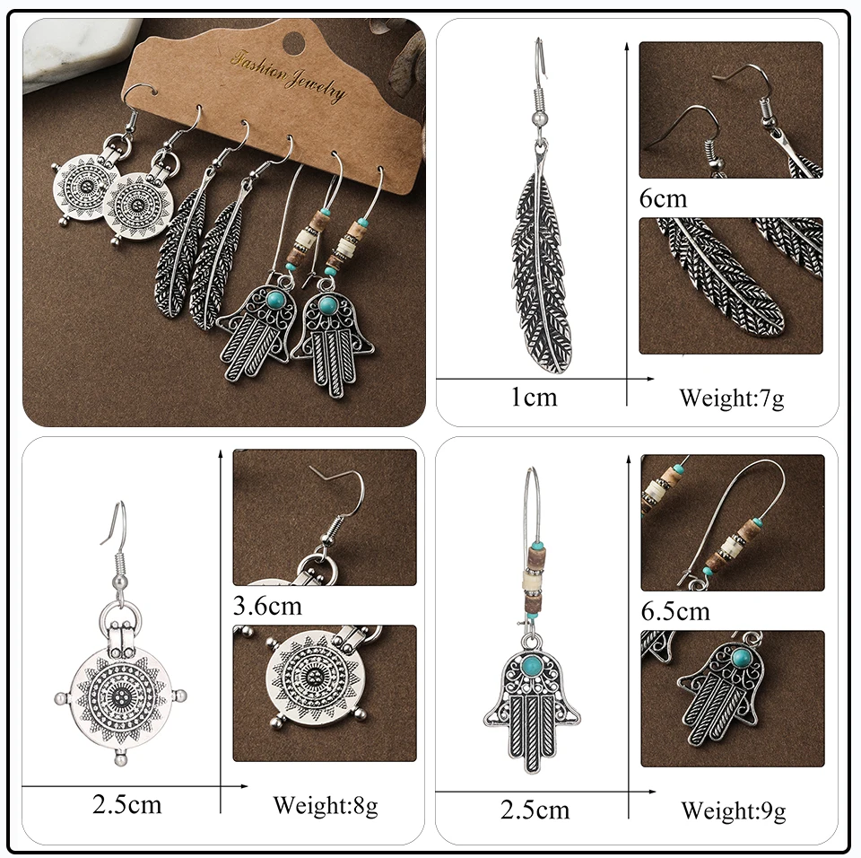 41 Style Silver Rose Gold Color Earrings Ethnic Bohemia Vintage Mixed Styles Long Leaf Big Round Circle Shell Shape Wooden Stones Beads Geometric Bronze Met (6)