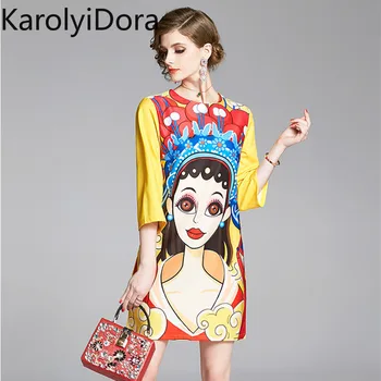 

2020 Summer Cartoon Girl Printed Dresses Women O-Neck Color Collision Fashion Yellow Three Quarter Sleeve Chic Dresses