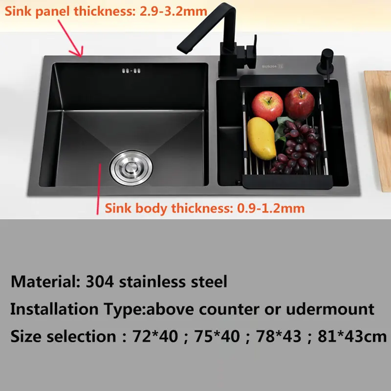 black kitchen sink double groove Handmade 304 stainless steel  seamless welding sinks kitchen vegetable washing basin black sink