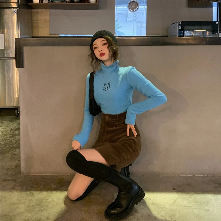 Флисовые футболки с вышитым котом, осенняя Водолазка с длинным рукавом, Harajuku Kawaii, женские теплые облегающие топы, уличная одежда W299