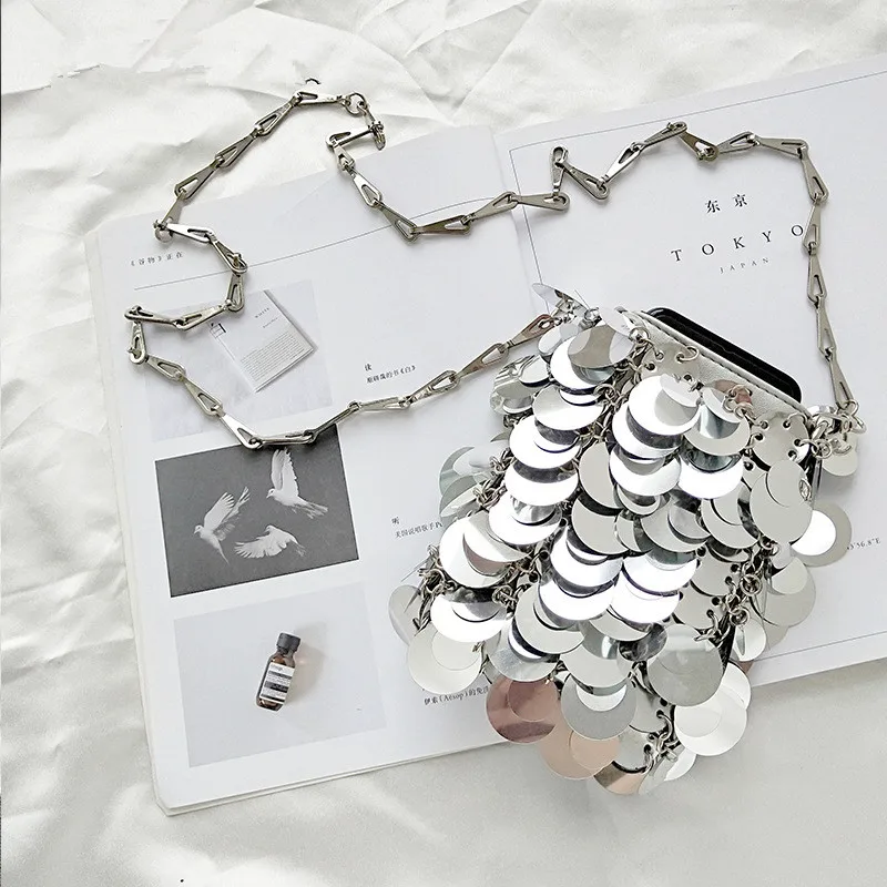 Fashion Luxury Designer Women Bags Metal Sequins Chain Woven Bag