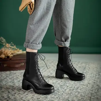 

2020 spring and autumn new leather square toe thick heel Martin boots trendy lace-up platform high heel women's boots X374