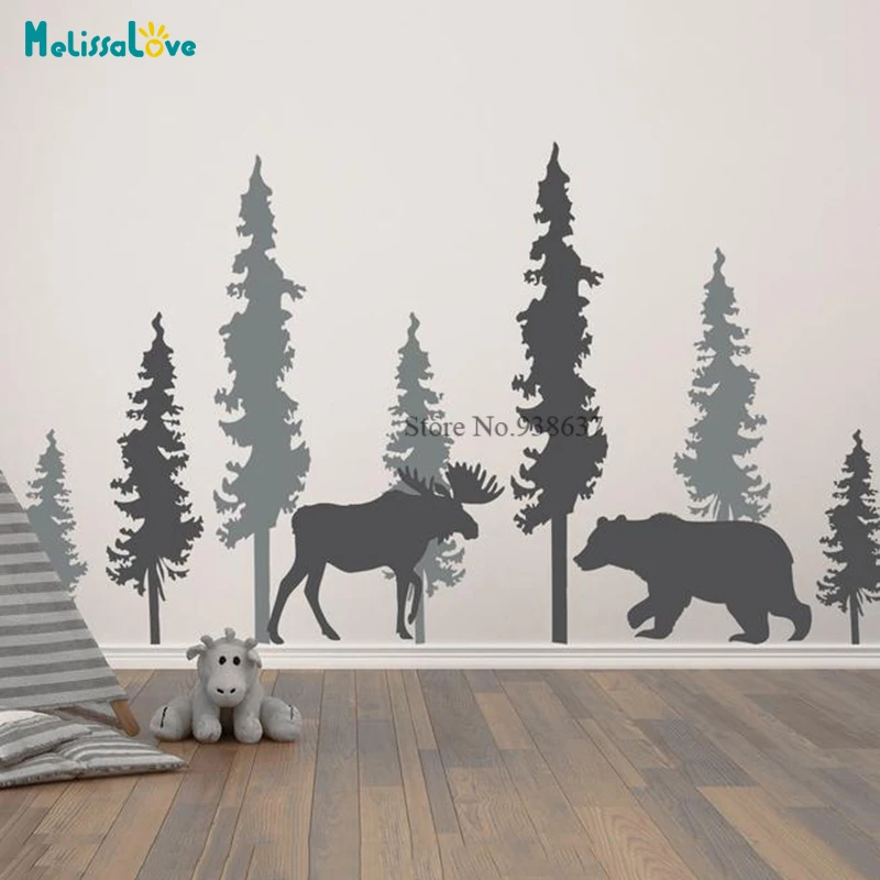 

Bear and Moose Forest Pine Trees Wall Decal Baby Room Nursery Home Decor Removable Vinyl Wall Stickers BB810