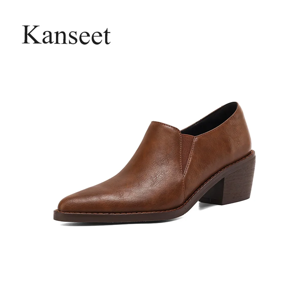 

Kanseet Pointed Toe Genuine Leather Thick Heels Woman Pumps 2021 Spring Autumn Casual Black Brown Concise Daily Mid Heels Shoes