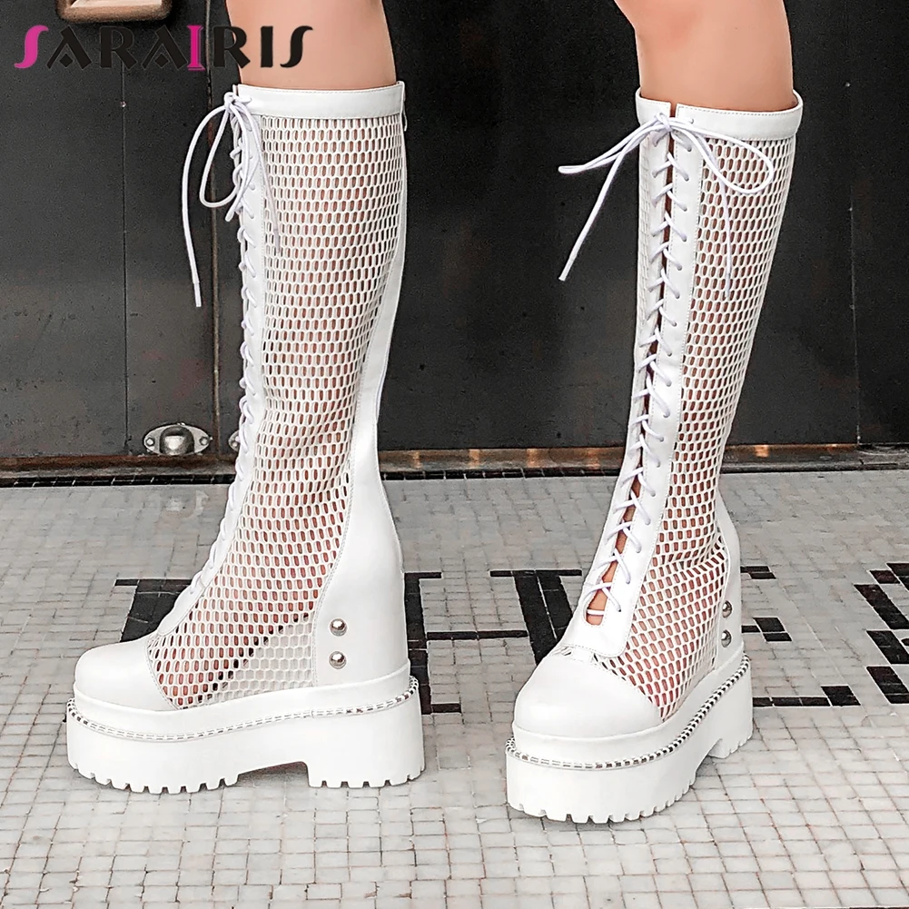 

SARAIRIS Sumemr Hollow Out Handmade Lace Up Platform Boots Women Rivet Boots Ladies Shoes