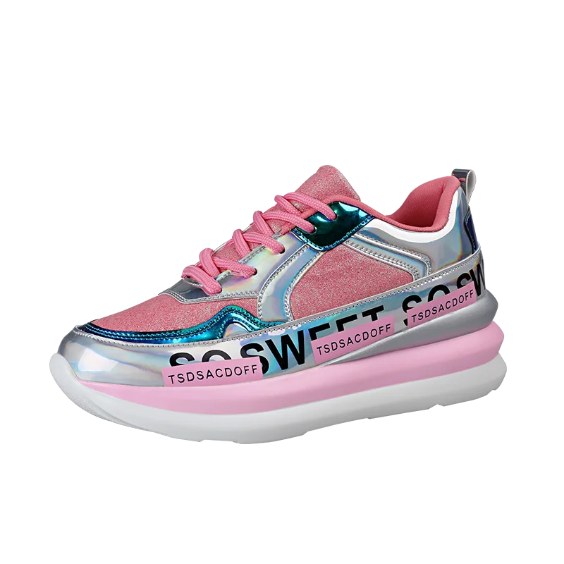 Pink Новинка года; роскошные кроссовки с блестками; обувь на плоской подошве со шнуровкой; Женская удобная обувь с блестками; сезон осень; обувь для бега - Цвет: Pink