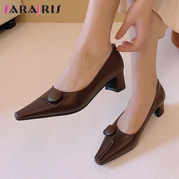 

SARAIRIS New Ladies Concise Office Pointed Toe Pumps Retro Genuine Leather Pumps Women Casual Med Heels Shoes Woman