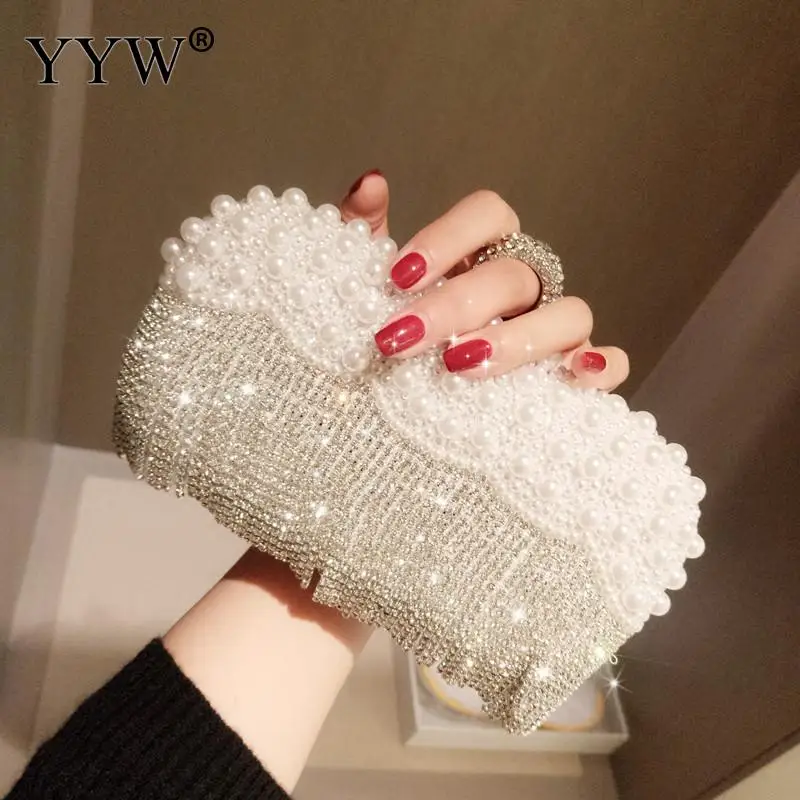 

White Pearl Ring Clutch Bags Women Rhinestone Tassel Clutches Purse Wedding Sac A Main Femme 2021 New Luxury Party Bags Pouch