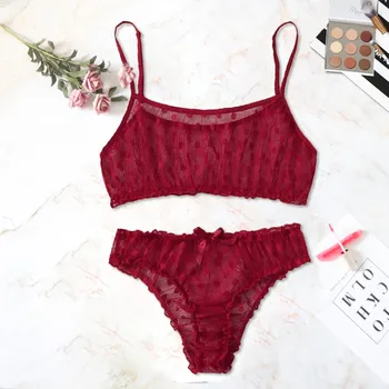 

2020 New Women Sexy Lingerie Set Dot Mesh Bra Bowknot Underpants Sleepwear Black Sleepwear S-XL pijama mujer verano W3