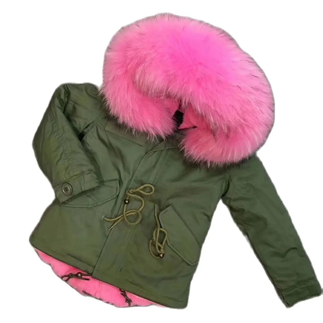 Parka forrada de pelo rosa niños, abrigo corto verde militar para niñas, de con cuello de Rosa grande de pelo rosa|Piel sintética| - AliExpress