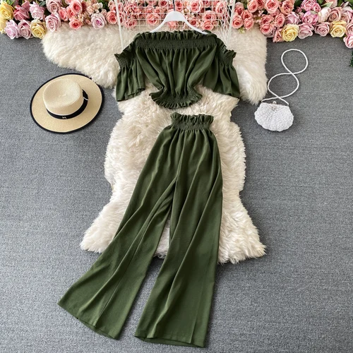 lounge sets Spring Summer Green/Black/Red Two Piece Set Women Sexy Slash Neck Short Tops + High Waist Wide Leg Pants Female Suit New 2022 ladies loungewear Women's Sets