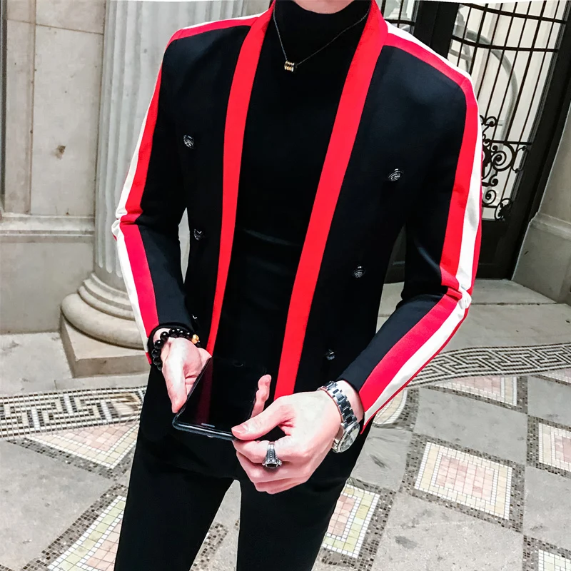 Striped Blazer Hombre Men Suit Coat Male Trend Hip-hop Blazers Autumn Night Hairstyle Division Personality Loose Jacket New | Мужская