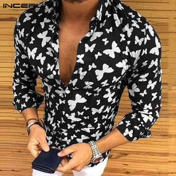 

Fashion Men Dress Shirt Printed Long Sleeve Lapel Collar Button Camisa Vacation Fitness Men Hawaiian Shirts Brand 2020 INCERUN