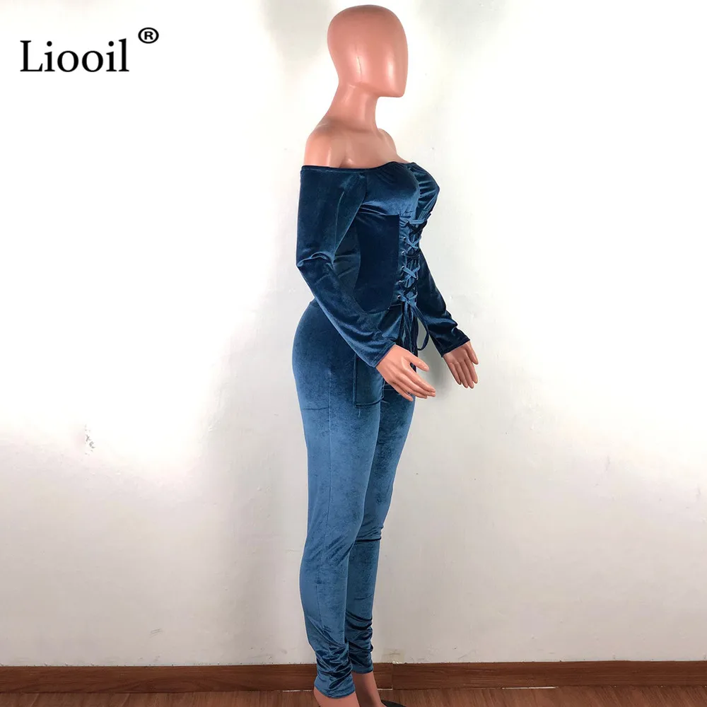 Liooil, сексуальный, с открытыми плечами, бархатный, облегающий, бандажный комбинезон, для женщин, с длинным рукавом, без бретелек, с карманами, обтягивающие, вечерние, комбинезоны, женский комбинезон