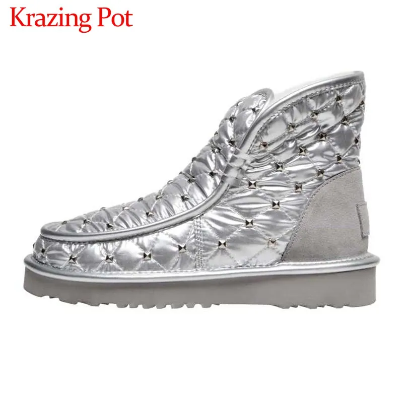 

Krazing Pot fashion shiny metal rivets decorations snow boots round toe med heels winter super keep warm women ankle boots L19