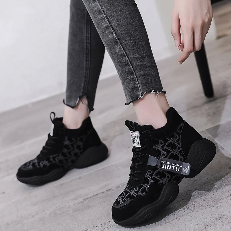

Winter New Women Chunky Sneakers Plus Plush Warm High Tube Platform Sneakers Lace-up Casual Dad Shoes Black