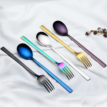 

Dinnerware Set 304 Stainless Steel Cutlery Korean Square Handle Color Fork Spoon Coated Silverware Set Kitchen Tableware Set
