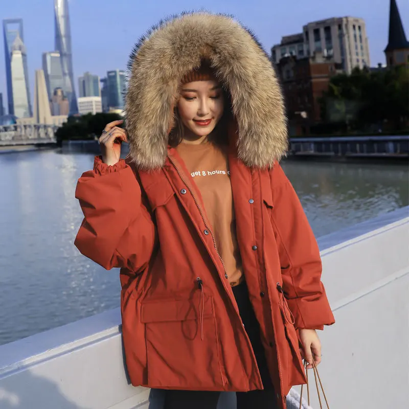 New Down Jacket Women Loose Short Waist Hooded Large Fur Collar Pie To Overcome Thickened Ladies Jacket Tide Clothing