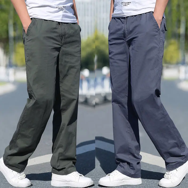 Men's Spring Summer Cargo Pants Cotton Work Pants Large Size Relaxed Fit Jogger Gym Elastic Waist
