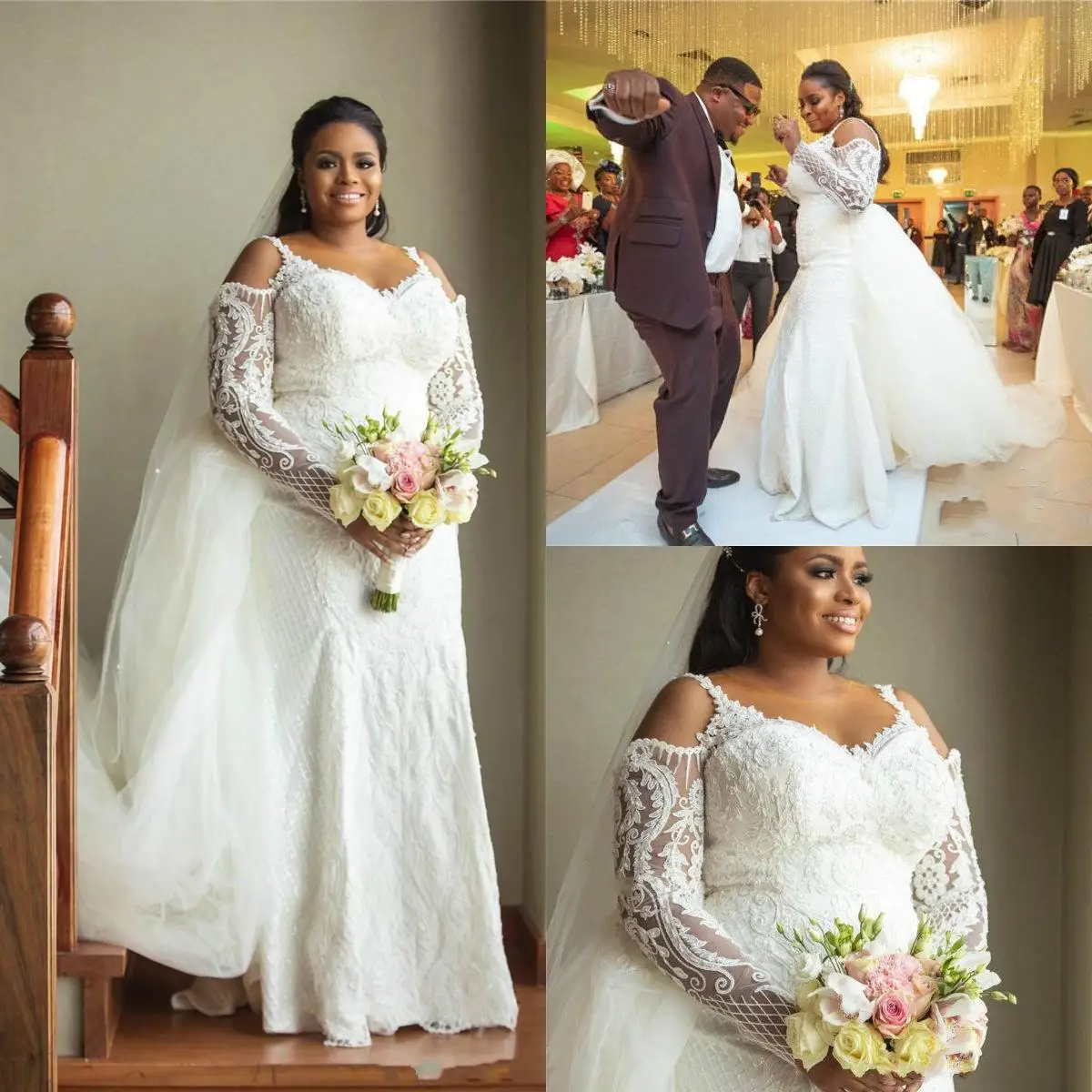 

African Luxury Long Sleeves Plus Size Dress Sexy Lace Appliqued Detachable Train Mermaid Wedding Gowns Sheer Jewel Neck