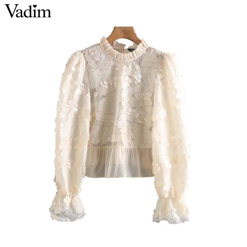 

Vadim women chic sequined crop top transparent long bell sleeve ruffled collar short blouse see through casual tops blusas LB728