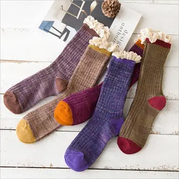 

Woman Solid Cotton Socks Lace Cuff Girls Ribbed Marled Mixed Yarn Multi Warm Winter Socks Brown Ankle Sock Crew Sock 5Pairs/ lot
