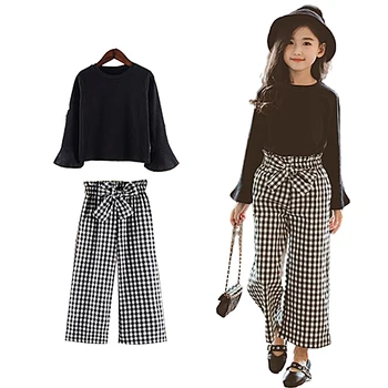 

New Kids Girls Clothes Sets Long Sleeve T-shirts + Plaid Wide Leg Pants Autumn Childrens Clothing sets Teenager for 8 10 12 Yrs