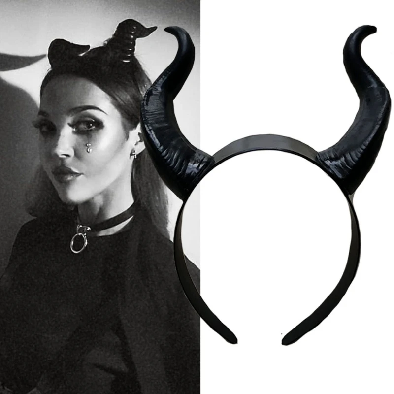 Halloween Witch Black Long Ox Horn Headband Movie Evil Queen Glitter Hair Hoop Gothic Cosplay Costume Headpiece D5QB
