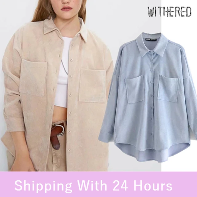 US $14.86 Withered england vintage preppy oversize corduroy boyfriend blouse women blusas mujer de moda 2020 