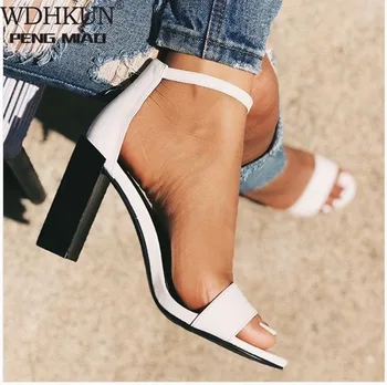 

Fashion 2020 PU Women Sandals Buckle Strap Cover Heel Round Toe Square High Heels Office Ankle Shallow White Size 35-42