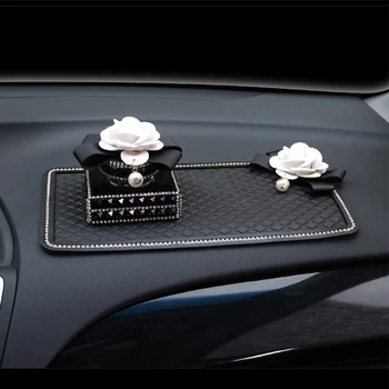 

PVC Camellia Flower Crystal Pearl Anti-Slip Mat for Mobile Phone GPS Dashboard Perfume Seat Pad Car Ornament Accessories