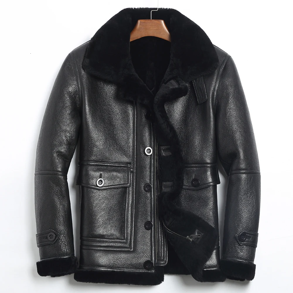 Мужская куртка из натуральной кожи, зимняя куртка, натуральный мех, настоящая овчина, пальто для мужчин, мех ягненка, куртка-бомбер размера плюс 185-1 MY1884 - Цвет: black