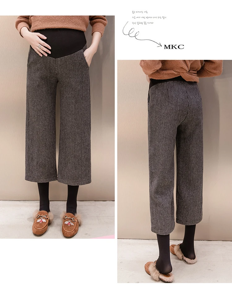 748# Autumn Winter Woolen Maternity Pants Wide Leg Loose Straight Pants Clothes for Pregnant Women 9/10 Pregnancy Belly Trousers