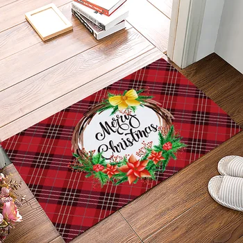 

Christmas Red Plaid Wreath Merry Christmas DoorMat Outdoor Indoor Bathroom Rug