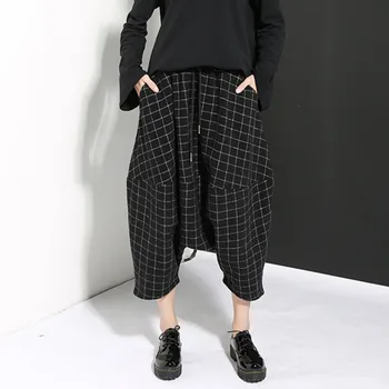 

XUXI 2019 Autumn Winter New Woolen Loose Black Plaid Big Crotch Harem Wide Leg Irregular Women Pants FZ0043