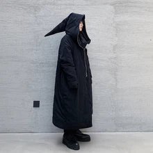 Для мужчин асимметричный подол темно-черный Хэллоуин волшебник Толстая длинная парка куртка для мужчин женщин Япония хлопок ватник пальто с капюшоном верхняя одежда