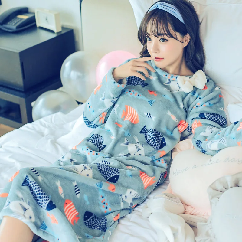 

Nightogown Women Coral Fleece Nightdress Kimono Bathrobe Warm Sleepwear Thicken Nightwear Winter Flannel Intimate Lingerie