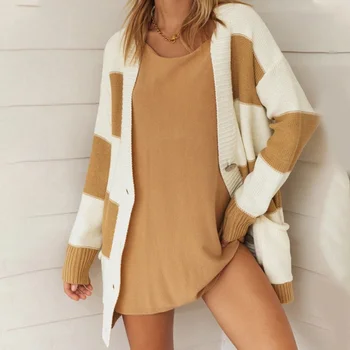 

Autumn Striped Cardigan for Women Single Breasted Sweaters Color Block Female Patchwork Cardigans Casual Knit Ladies Streetwear