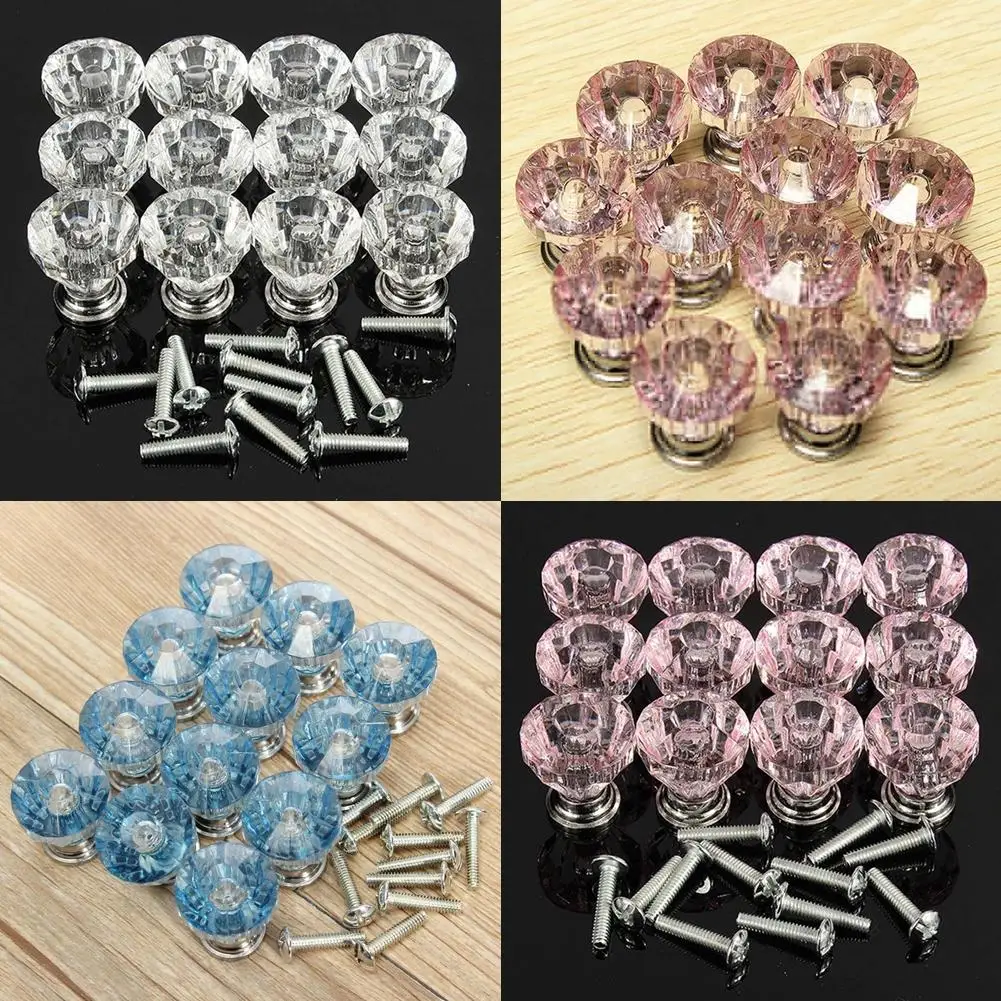 

12X Crystal Furniture Door Knob Cabinet Drawer Cupboard Kitchen Handle Clear