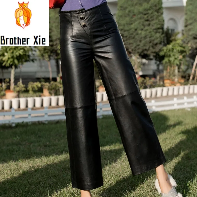 

Autumn Winter High Waist Black Womens Wide Leg Pants Fashion Casual Loose Real Leather Sheepskin Ankle Length Female Plus Size