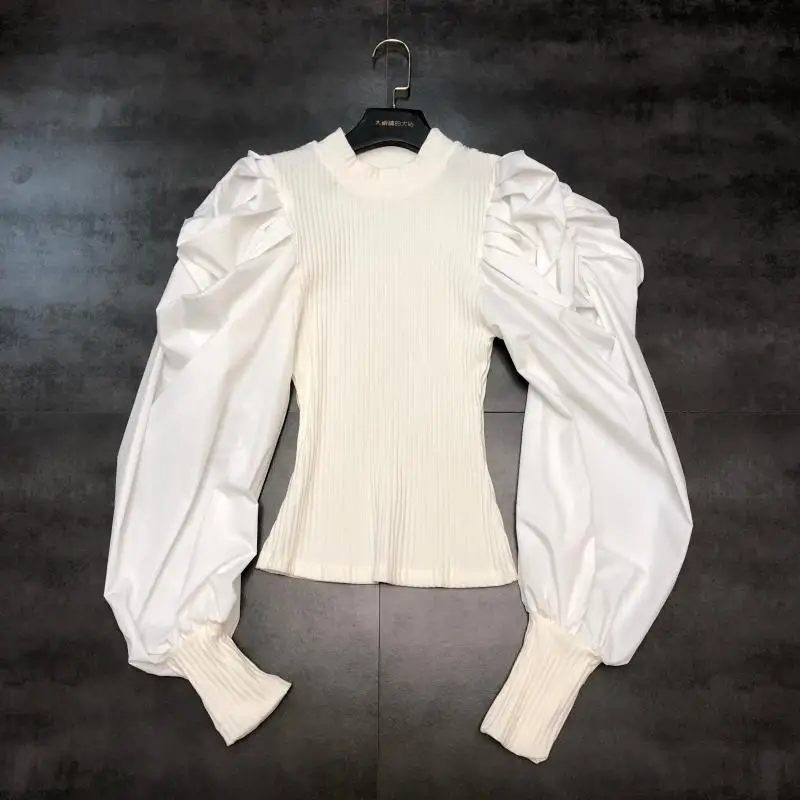 Осенняя новая рубашка с рукавами-пузырьками для дам, темперамент, Маленькая женская шерстяная рубашка-свитер