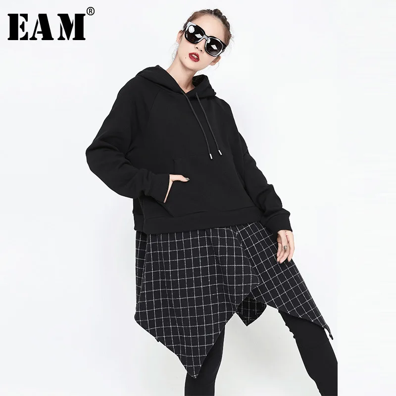 

[EAM] 2019 New Autumn Hooded Long Sleeve Black Hem Irregular Plaid Split Joint Loose Sweatshirt Women Fashion Tide JG639