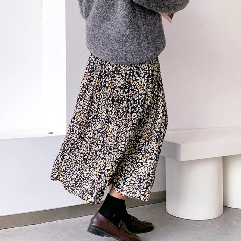 Elegant All-match Floral Print Midi Skirt Women Chiffon Skirt Autumn Winter Women Sexy Elastic High Waist Long Skirt Female