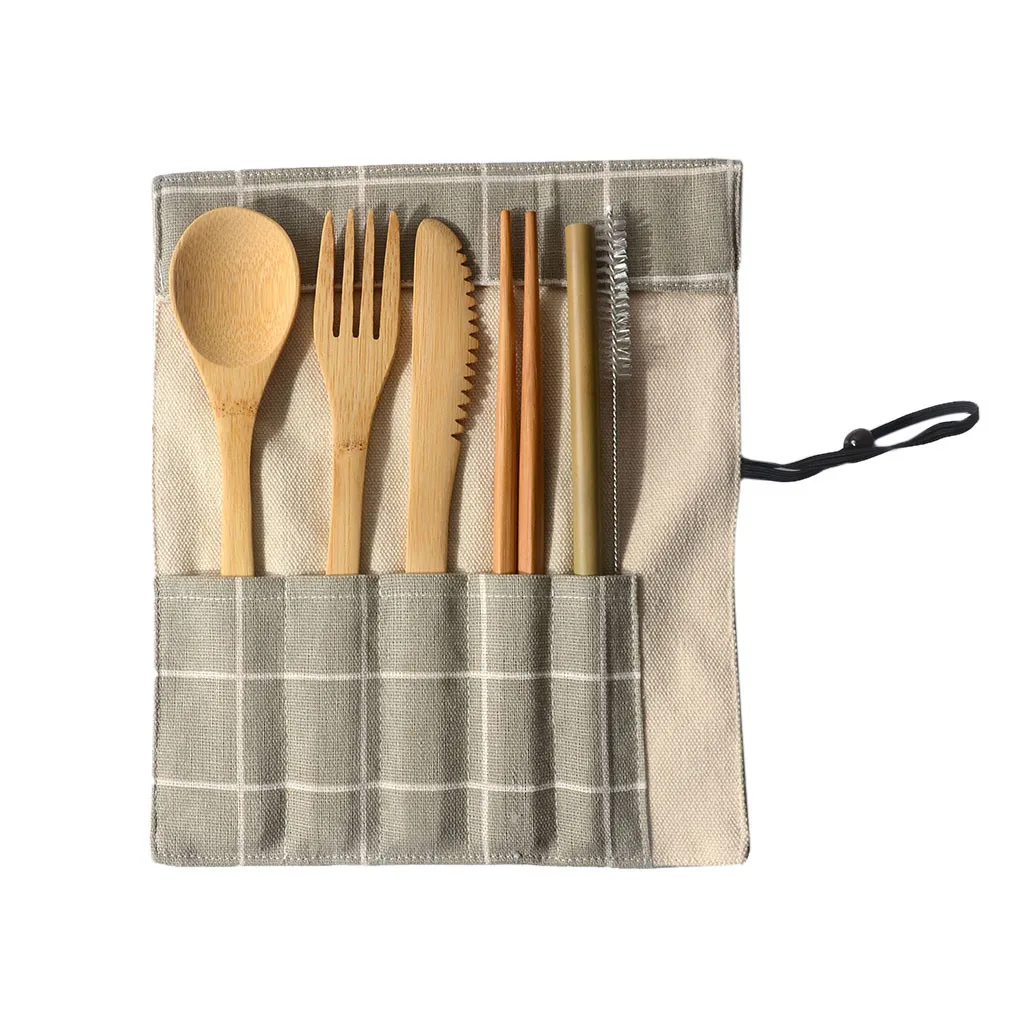 Набор посуды для путешествий походный набор столовых приборов многоразовые посуда с Ложка Вилка палочки для еды и Портативный бамбуковый чехол 6 шт