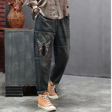 Женские джинсы деним брюки бабочка Вышивка Ретро Винтажные модные повседневные Длинные свободные брюки осень весна AZ12191719